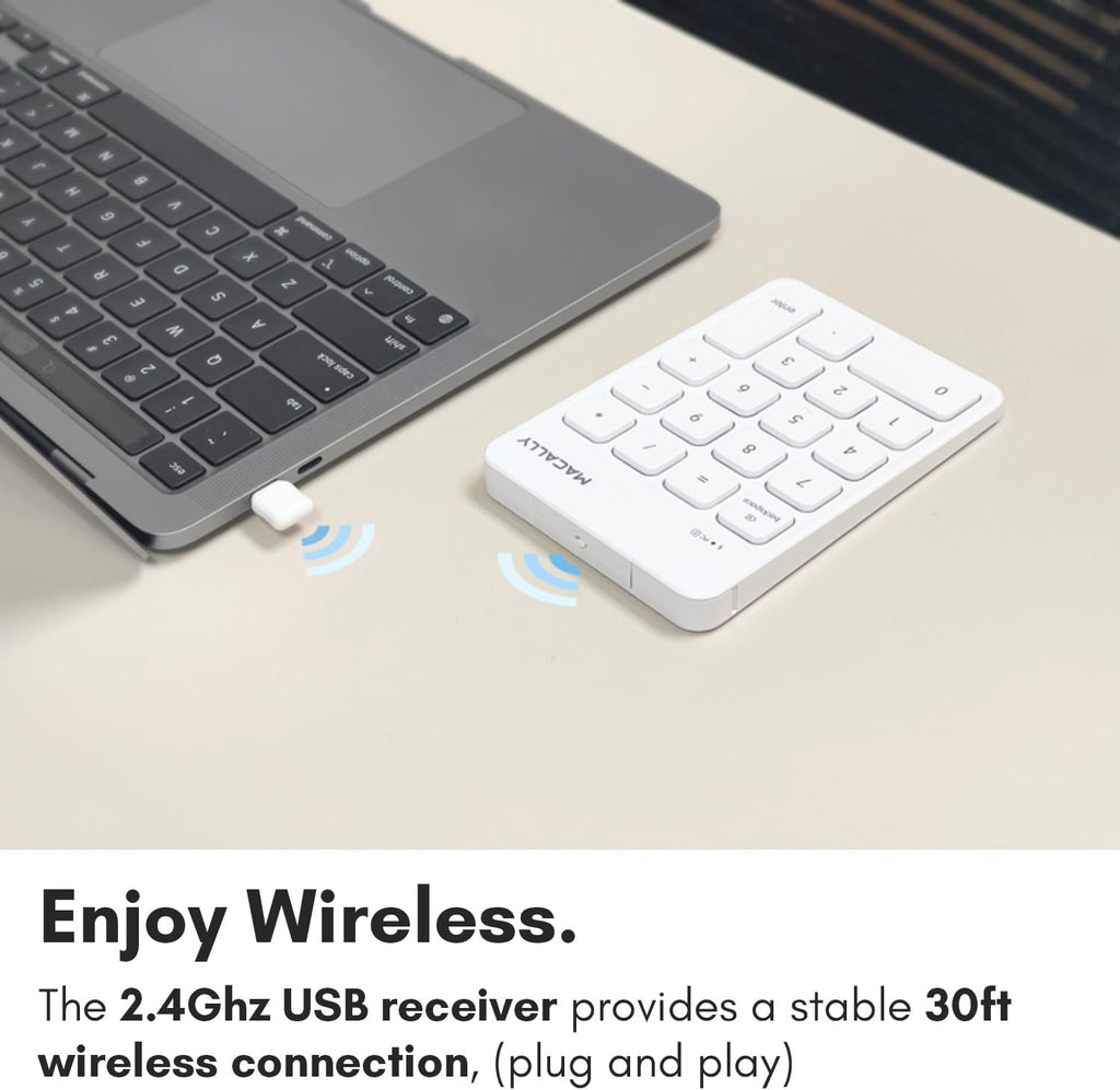 Macally USB C Wireless Number Pad | Numeric Keypad for Mac MacBook iMac | Wireless 10 Key for Laptop PC Computer Notebook Surface Chrome (2.4G USB) Perfect for Data Entry Numpad Number Keyboard