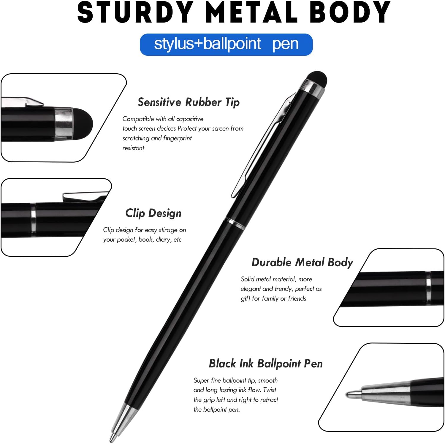 15 Pack Stylus Pens for Touch Screens Stylus Pen Compatible with Phone Tablets Kindle and Black Ink Ballpoint Pens-2 in 1 Stylists pens for Touch Screens (Black)