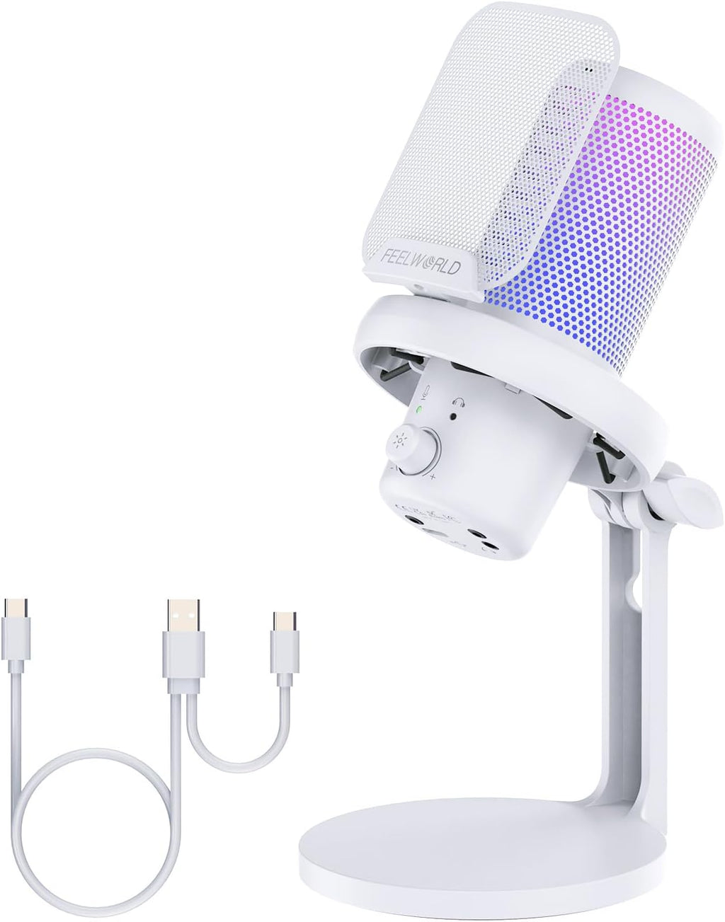 FEELWORLD VM1 White Gaming PC USB Microphone Condenser Mic with Noise Cancellation Mute RGB Light, Computer Accessories Gifts for Gamer YouTube Twitch Podcast Streaming Recording Online Chat PS4 PS5
