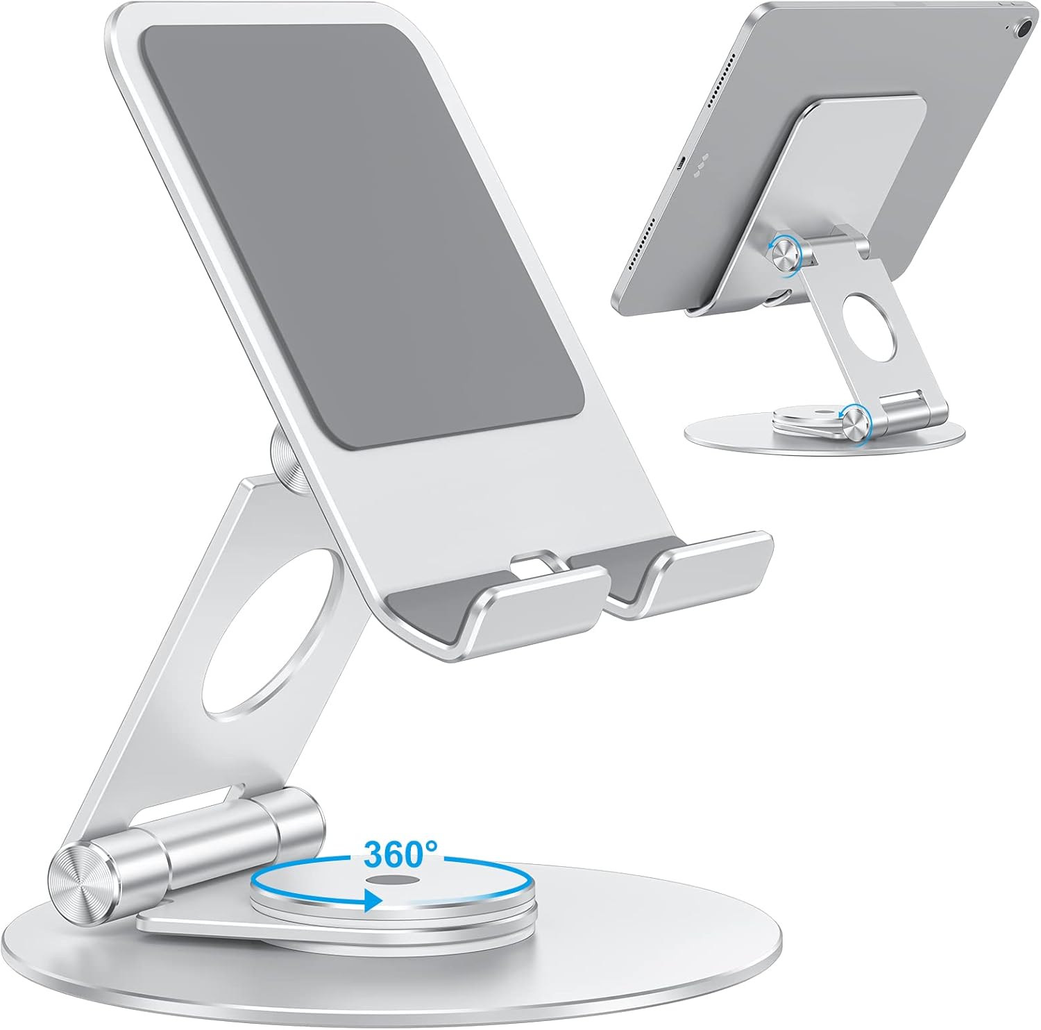 OMOTON Swivel Tablet Stand for iPad with 360 Rotating Base, Foldable Adjustable Holder for Drawing, Compatible with iPad Pro/Air/Mini and More, Silver