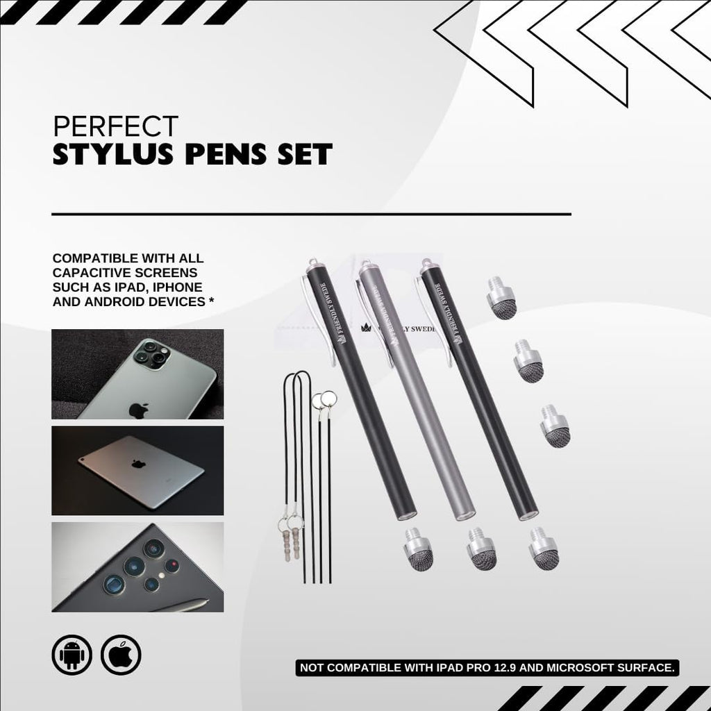 The Friendly Swede Mesh Tip Stylus Pen for Touchscreen — 3-Pack Micro-Knit Capacitive Stylus Pen for iPad & iPhone with 3 Replaceable Fiber Tips, Elastic Lanyards & Screen Cleaning Cloth