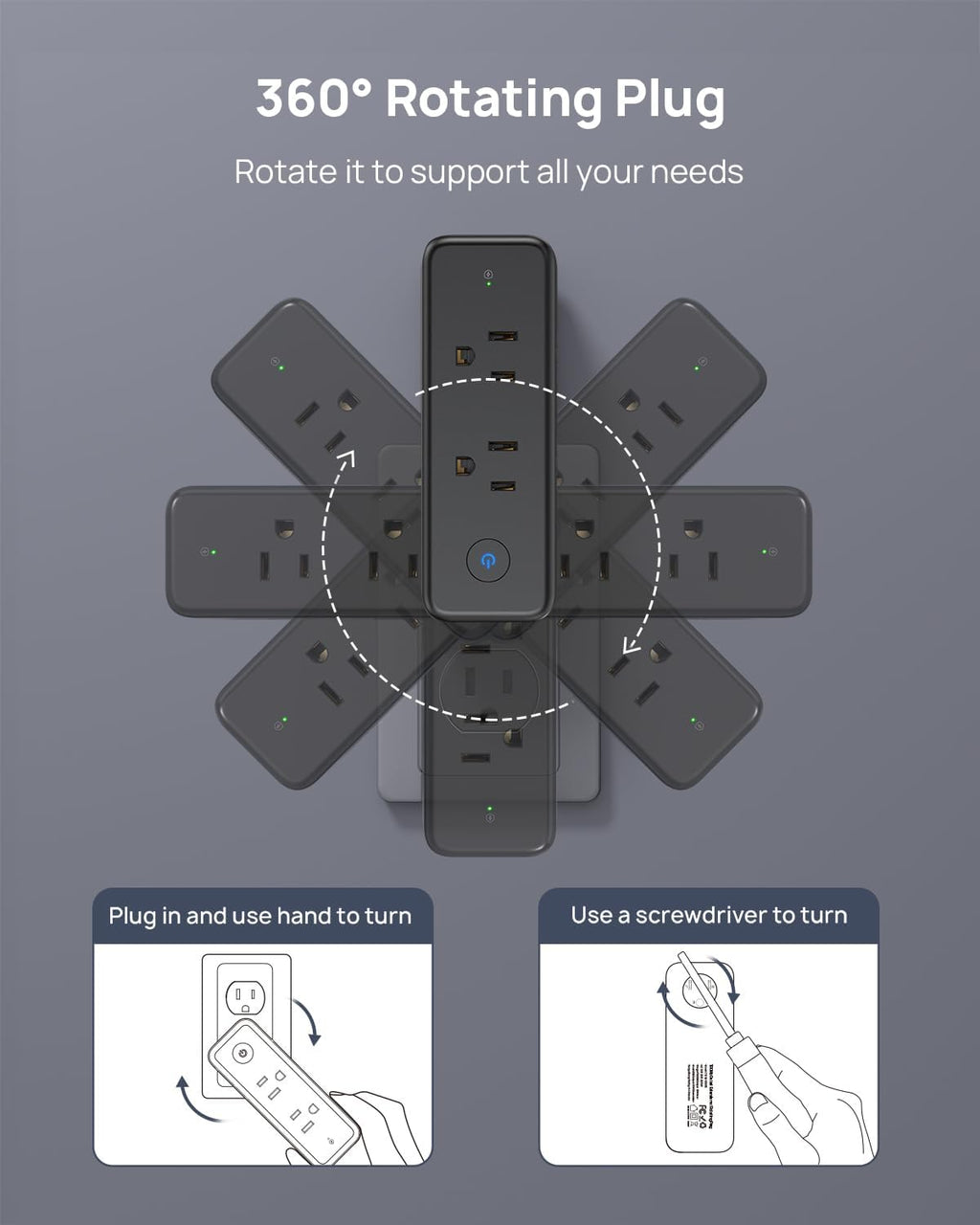 TROND Outlet Extender Surge Protector - 6 AC Outlet Splitter with 360° Rotating Plug, 1440J Multi Plug Expander, 3 Way Swivel Plug Extension Outlet, Wall Adapter for Bathroom Kitchen Travel, Black