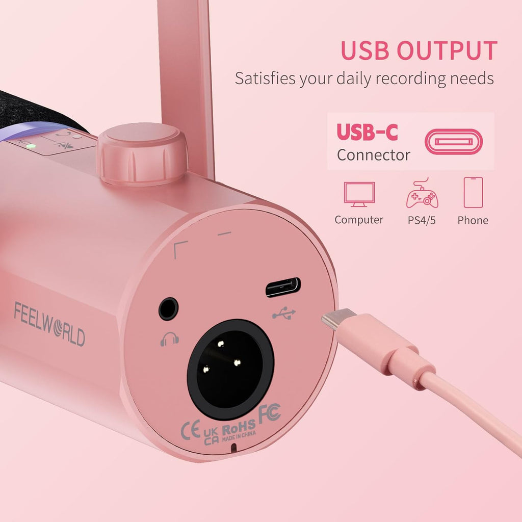 FEELWORLD PM1 XLR USB Dynamic Microphone with Desktop Stand Gifts for Podcast Recording PC Computer Gaming Streaming Vocal Voice-Over, Studio Metal Mic, RGB Light, Mute Button, Headphones Jack (Pink)