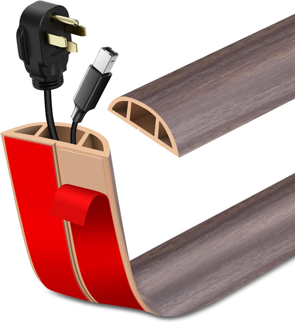 Floor Cord Cover Self Adhesive Cord Hider Floor Extension Cord Covers for Floor Power Cord Protector Cable Management Prevent Cable Trips Cable Cavity 0.47" W x 0.27" H (Brown Walnut Wood, 20Ft)