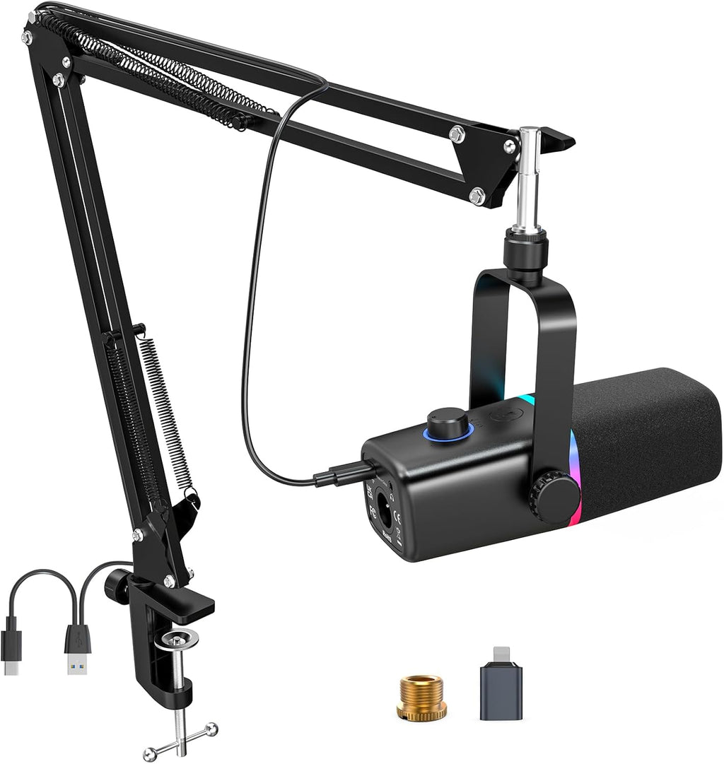 ZealSound XLR/USB Dynamic Microphone for Gaming Podcast,Mic for iPhone Phone PC Computer Gaming Streaming Microphone with RGB Light,Mute Button,Mic Gain,Headphones Jack,Boom Arm Stand,Singing YouTube