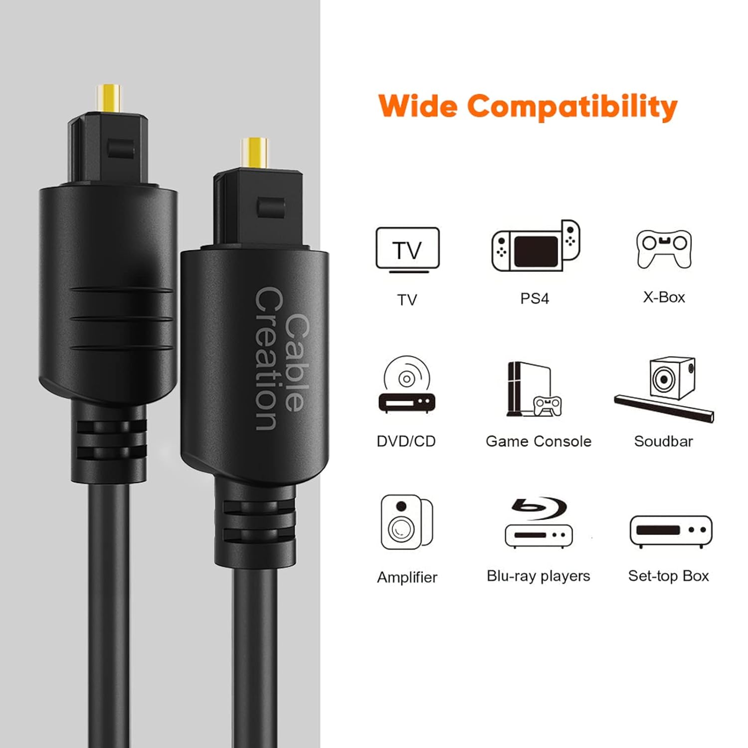 CableCreation 12FT Digital Optical Audio Cable 2-Pack, Toslink Male to Male, Compatible with Home Theater, Sound Bar, TV, PS4, Xbox & More