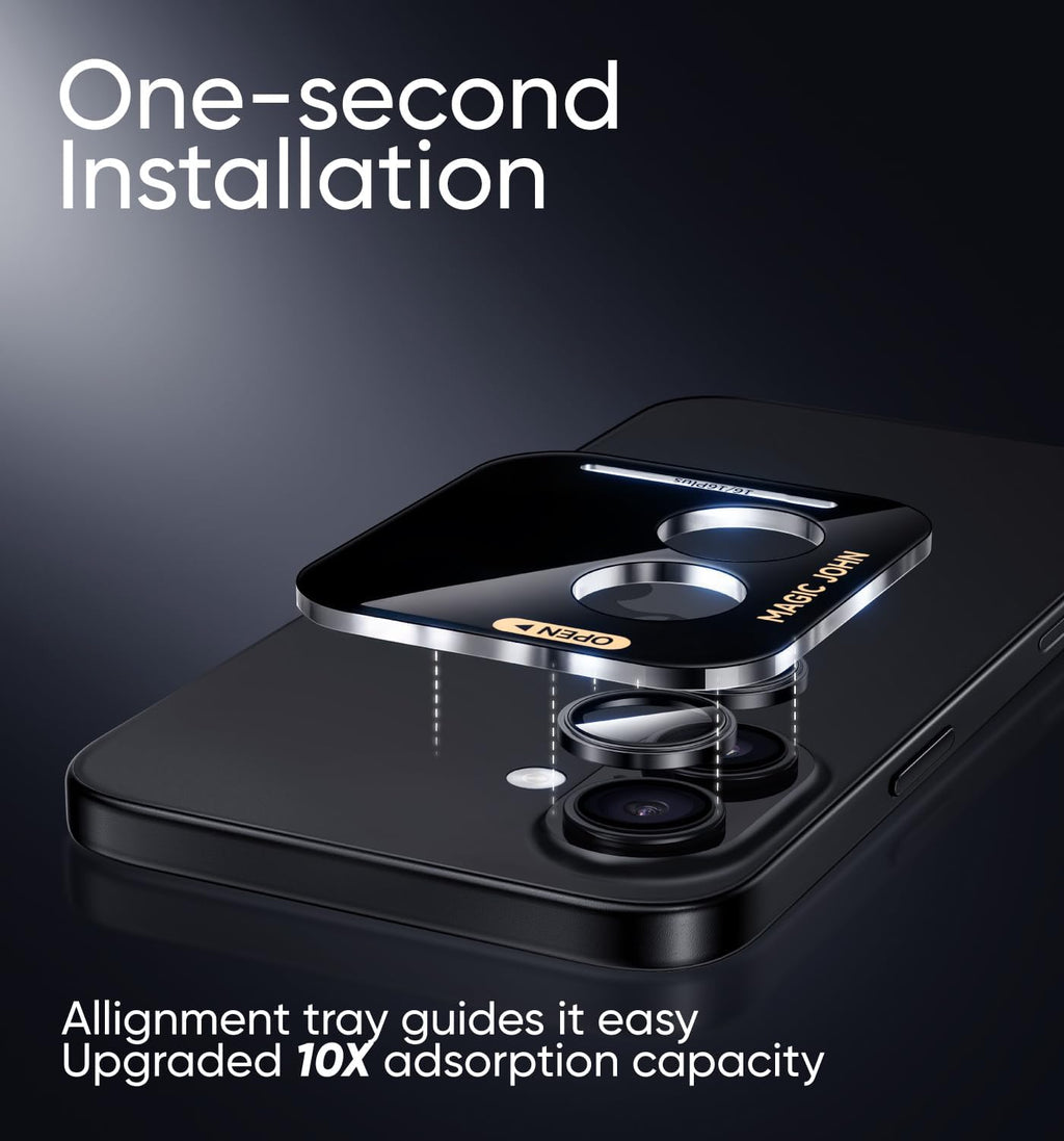 MAGIC JOHN for iPhone 16Plus/16 Camera Lens Protector [Alignment Kit&1:1 Invisible Perfect Fit] 9H Aerospace Tempered Glass Anti-Scratch Durable, Individual Cover Ring, Case Friendly, Set of 2, Black