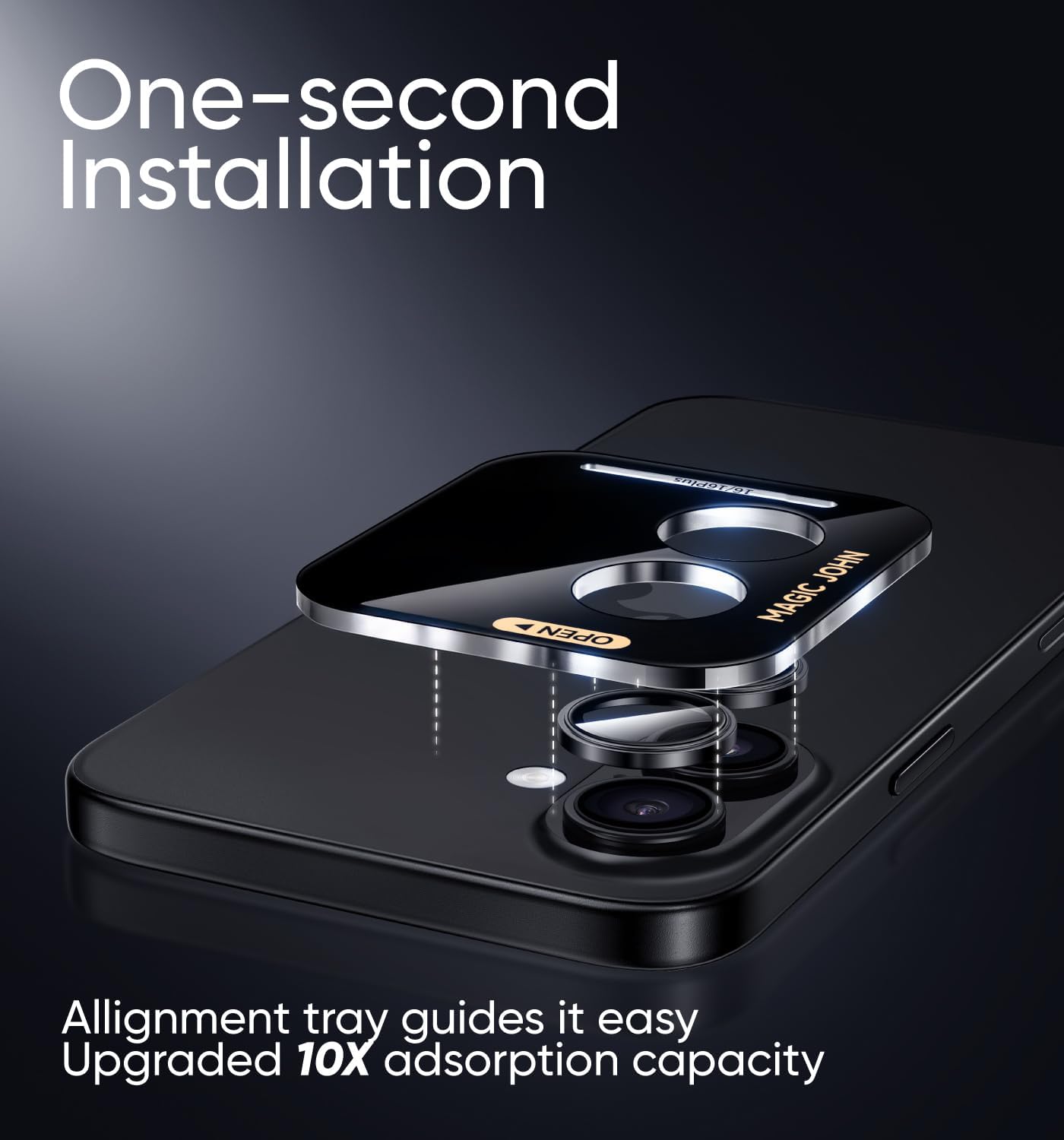 MAGIC JOHN for iPhone 16Plus/16 Camera Lens Protector [Alignment Kit&1:1 Invisible Perfect Fit] 9H Aerospace Tempered Glass Anti-Scratch Durable, Individual Cover Ring, Case Friendly, Set of 2, Black