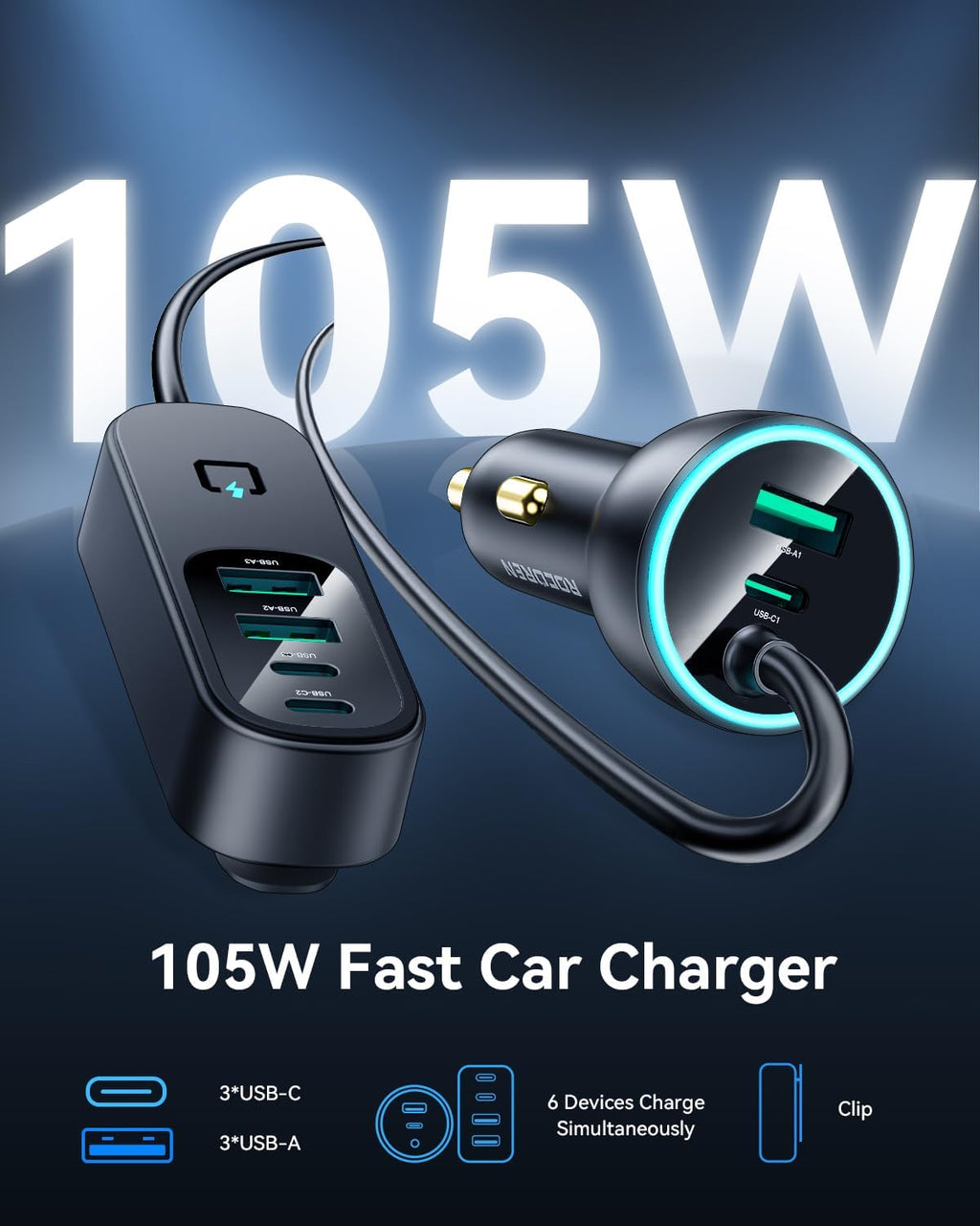 Rocoren 105W 6-Port Multiport Car Charger, PD Fast USB C Car Charger for Multiple Devices,Cigarette Lighter Adapter Car Travel Essentials for Road Trips with 5FT Cable,Car Accessories for iPhone 16/15