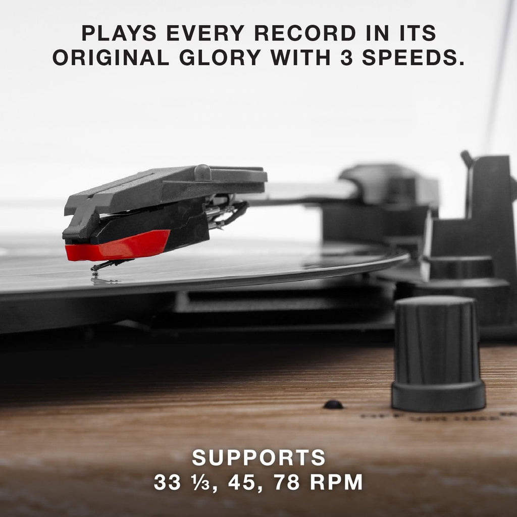 Victrola Montauk Vinyl Record Player, 3-Speed Belt Driven Turntable with Stereo Bluetooth Speaker Pair, RCA Output and 3.5mm Headphone Jack, Removable Dust Cover, Farmhouse Walnut Finish