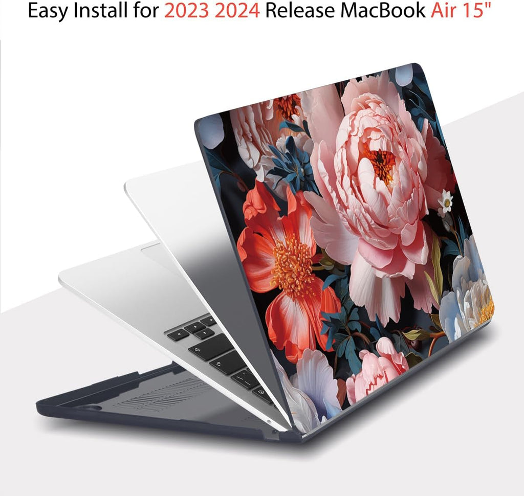 Teryeefi Compatible with MacBook Air 15 inch Case Release 2023 2024, Fits Model A3114/A2941,Design Pattern Slim Cover + Keyboard Cover + OTG Adapter for 15.3 inch MacBook Air M2 M3, Colorful Peonies
