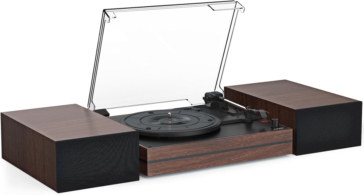 Vintage Record Player for Vinyl with Dual Separate Stereo Speakers Turntable BT Wireless Input Playback Belt Drive 3 Speed 3 Size Playback Record Player Support AUX Headphone Input RCA Out Auto Stop