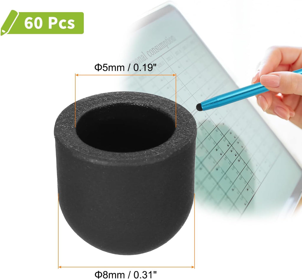 MECCANIXITY 60Pcs Replacement Stylus Pen Tips 8mm Conductive Capacitive Touch Screen Pens Tips Silicone Rubber, Black