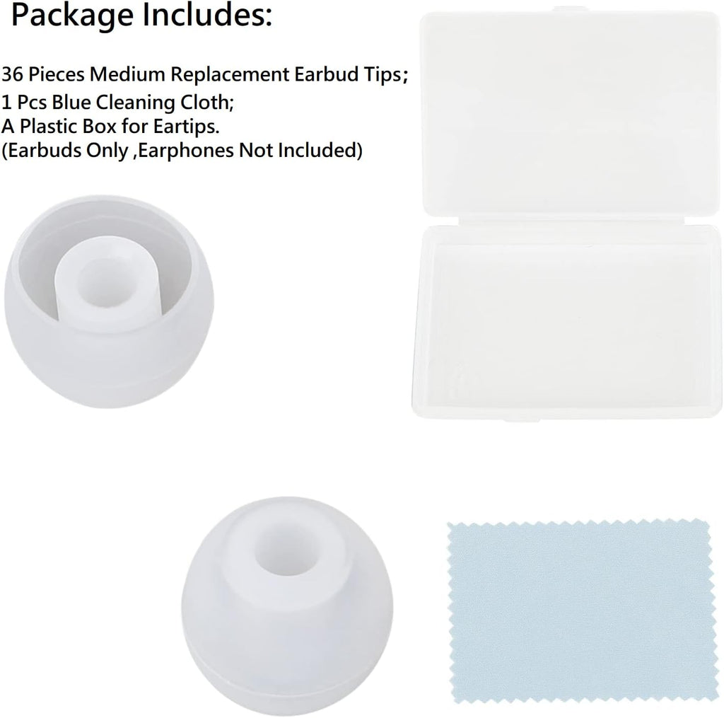 36 Pieces Medium Earbud Tips Soft and Comfortable Ear Bud Replacement Pieces Silicone Fit Most in-Ear Headphones，Inner Hole 3.8mm -5.5mm，Medium Clear White Replacement Eartips