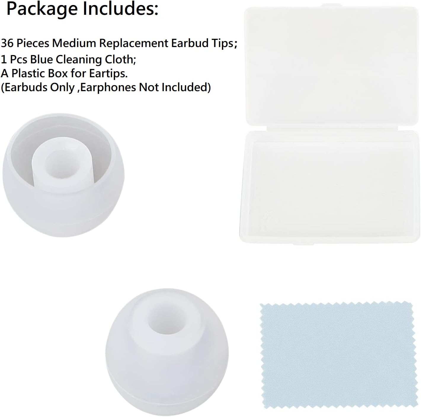 36 Pieces Medium Earbud Tips Soft and Comfortable Ear Bud Replacement Pieces Silicone Fit Most in-Ear Headphones，Inner Hole 3.8mm -5.5mm，Medium Clear White Replacement Eartips