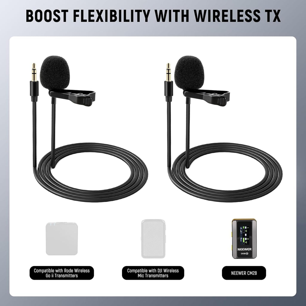 NEEWER Lavalier Lapel Microphone (2 Pack), Omnidirectional Condenser Wired Clip On Lav Mic for Stage YouTube Live Streaming Compatible with Rode Wireless GO II 2 DJI Wireless Mic Transmitter, CM5