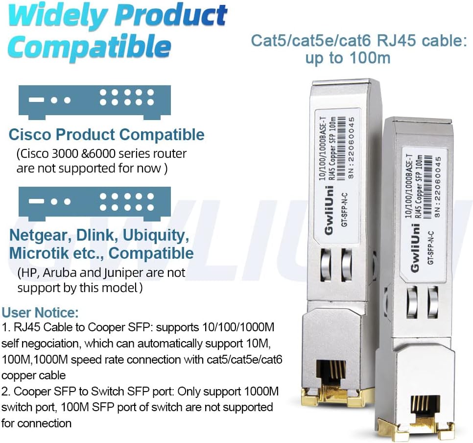 10Pcs 1.25Gbps RJ45 Copper SFP, 10/100/1000Base-T transceiver Module 100m for Switch, Router, Firewall, Network Card, Media Converter etc