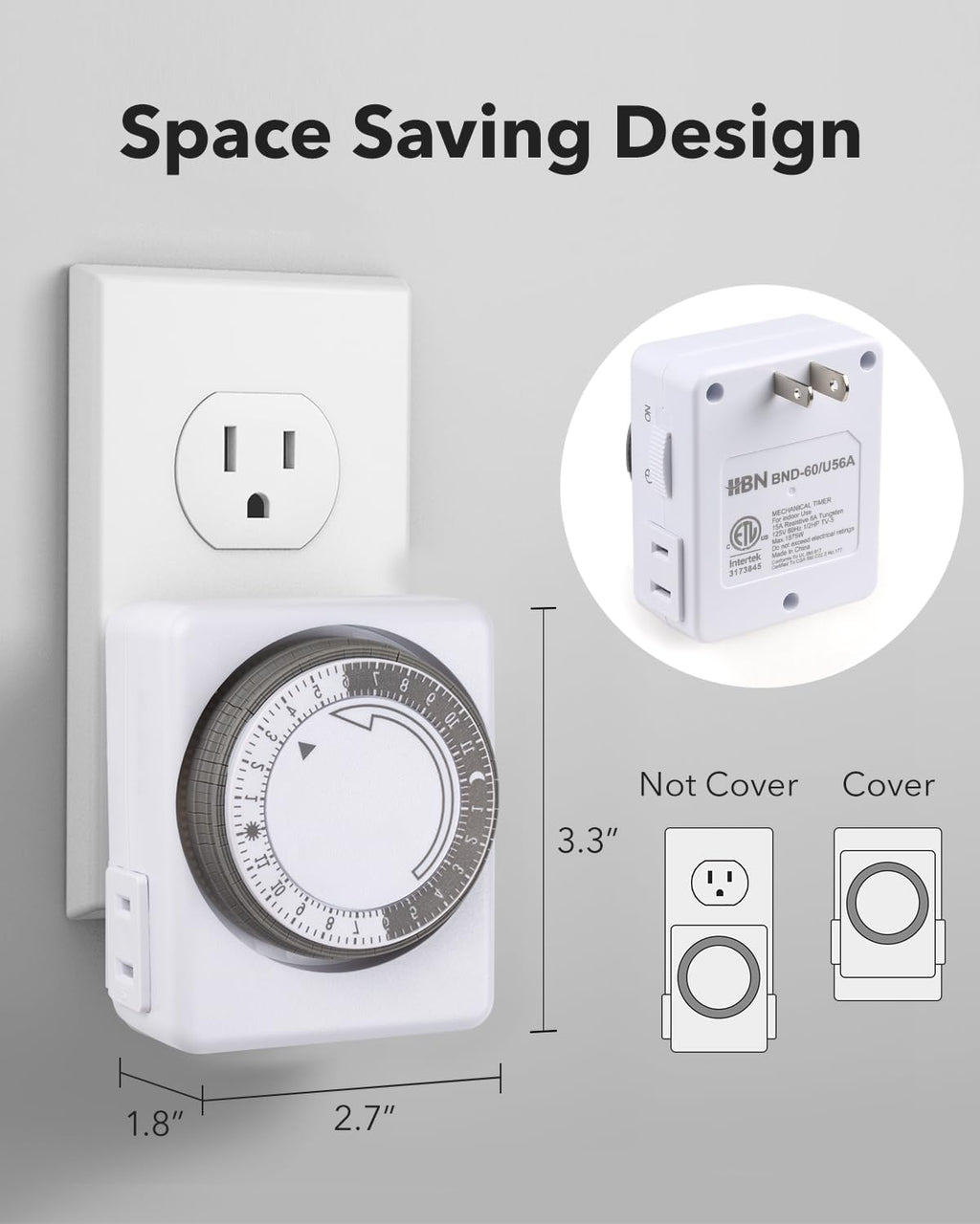 HBN Outlet Timer for Electrical Outlets Indoor, 24 Hour Mechanical Light Timers for Lamps, Dual 2-Prong Plug-in Outlets, 15-Minute Intervals, Heavy Duty Daily Cycle, 2 Pack