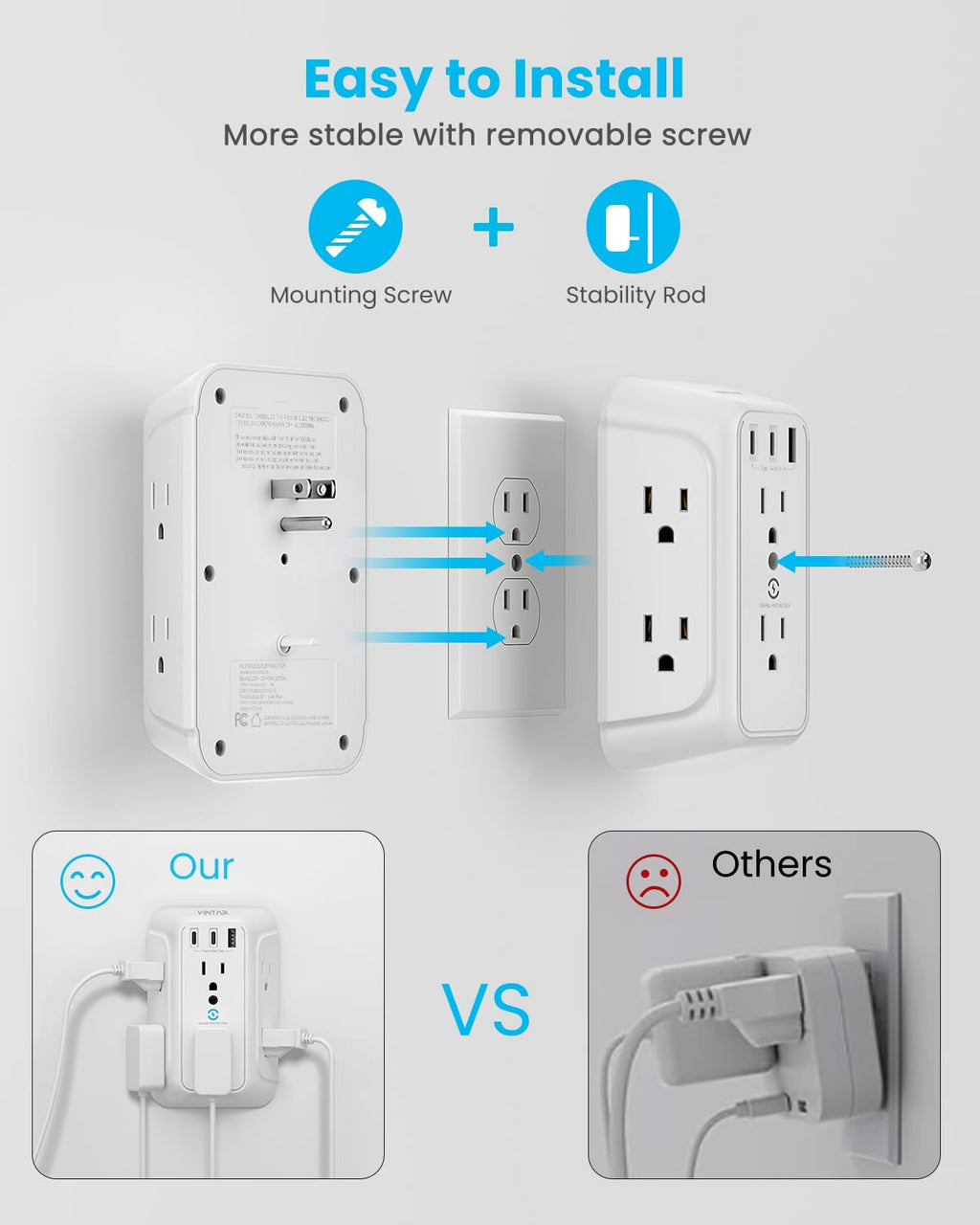 Surge Protector Outlet Extender, VINTAR 6 Outlet Splitter with 3 USB Charging Ports (2 USB C Ports), 900J Multi Plug Outlet Power Strip, 3-Sided USB Wall Charger for Home Office Dorm Room Essentials
