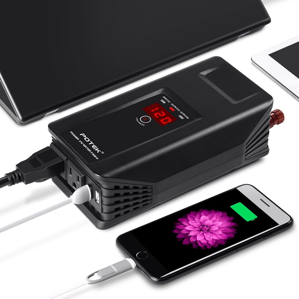 POTEK 750W Power Inverter 12V DC to 110V AC Car Adapter with Two USB and AC Charging Ports for Laptop,Tablet, Smartphone,Camera and More
