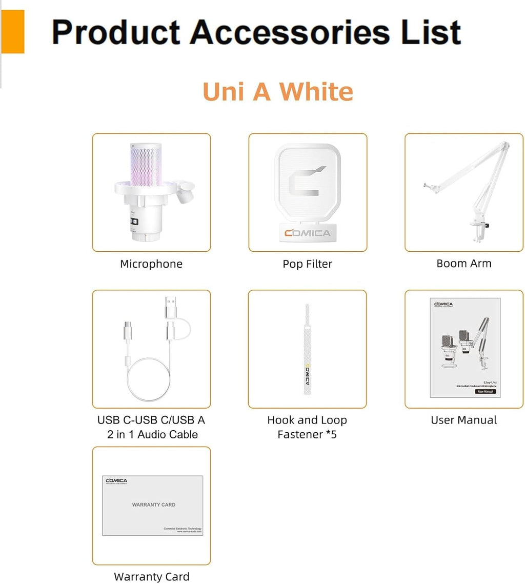 COMICA EJoy Uni A USB Microphone for Computer and Smartphone,RGB Cardioid Condenser Gaming Mic for Podcasting,Streaming,Recording,Music Creation,with Boom Arm Stand-White