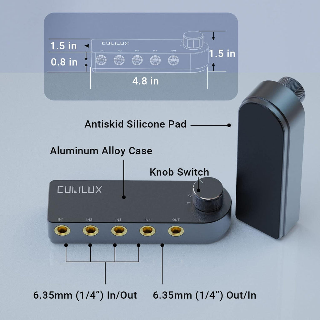 Cubilux Bidirectional 4-Channel 6.35mm Audio Selector, 1x TRS to 4X TRS Stereo 4-Port 1/4” Quarter Inch AUX Switch Box for Speaker, Headphones, Subwoofer, Home Audio System, Mixer, Amplifier
