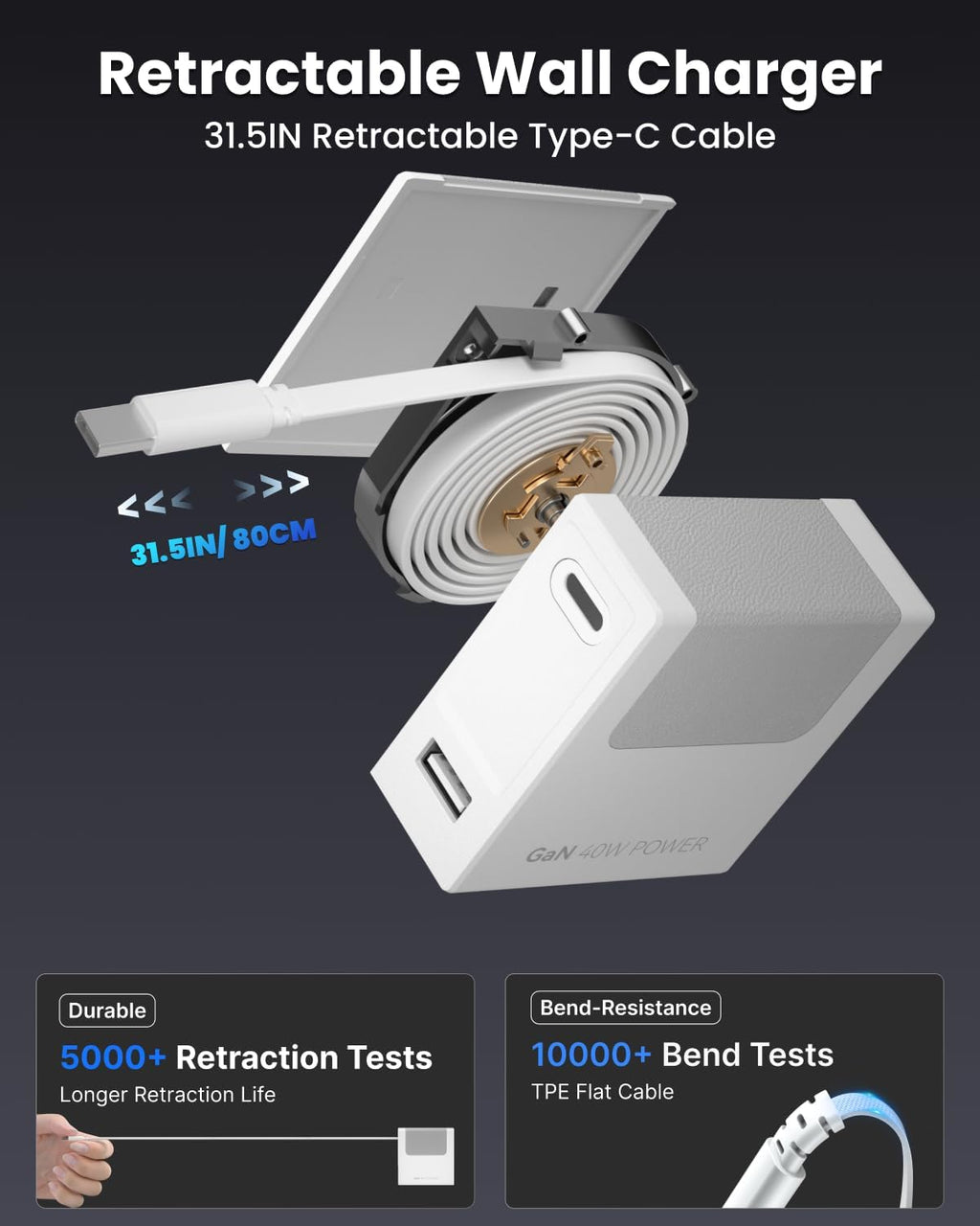 Portable Phone Charger Block, Retractable Wall Charger with 31.5in Type-C Cable, 40W PD Fast Charging Block with USB A Port, Power Adapter with Foldable Plug for iPhone 16/15, Galaxy S23 22