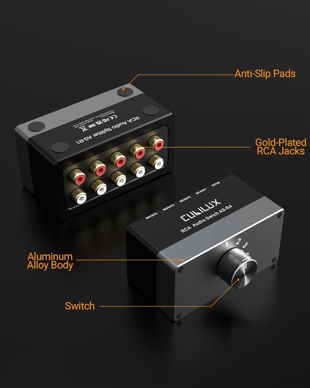 Cubilux AS-R4 4-Channel RCA Audio Selector, Bidirectional 4-Way Stereo RCA Aux Switcher, 1-Input to 4-Output / 4-Input to 1-Output
