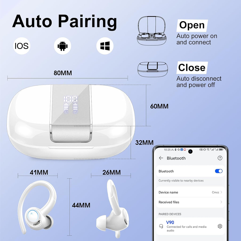 Wireless Earbuds Bluetooth 5.3 Headphones Sports, 48Hrs Playtime Bluetooth Earbuds with CVC 8.0 Mic, 2025 Stereo Bass Over Ear Bud with Earhooks, LED Display, IP7 Waterproof Earphon for Running White