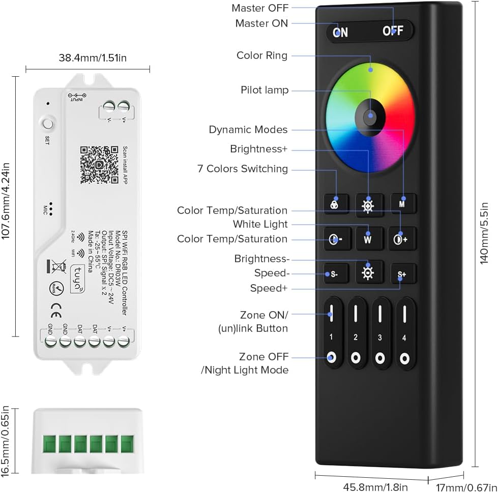 BTF-LIGHTING 2.4G WiFi DR03W RGB SPI Controller RC03RF RF Remote Tuya APP/Smart Life/Google Home/Alexa Control Support WS2812B WS2811 WS2813 WS2815 etc LED Strip STA Mode