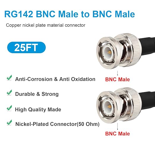 MOOKEERF RG142 BNC Male to BNC Male Coaxial Cable 25FT 50 ohm Ultra Low Loss - Image 2