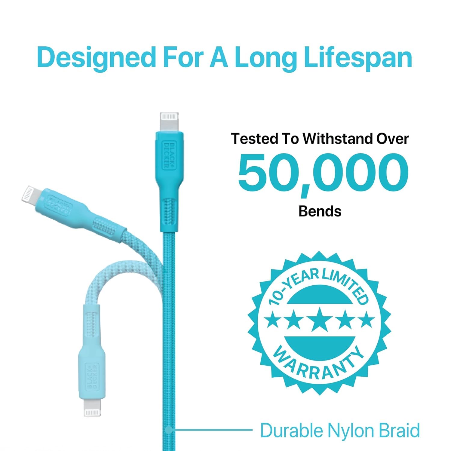 BLACK+DECKER USB C to Lightning Cable - Fast Compatible iPhone Lightning Cable - Durable Braided Type C iPhone Charger Cord - for Travel and Daily Use - Multiple Colors and Lengths - 3ft