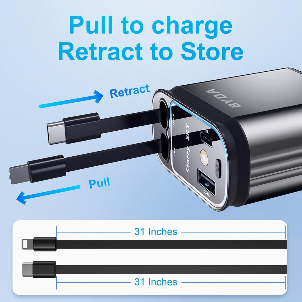 Fast Car Charger 4 in 1 Retractable Car Charger 69W with Starry Light,USB-C Fast Car Accessories,Compatible with All iPhones All Android Phones (GreyLightning+USB-C & PurpleLight)