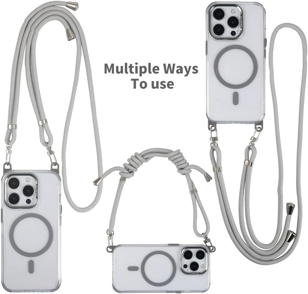 for iPhone 15 Pro Case with 62.99 inch Lanyard, Classic Clear&Gray Magnetic Phone Case, Drop&Shockproof Protection Cases, Phone Lanyard for Around The Neck, Compatible with Magnet Accessory