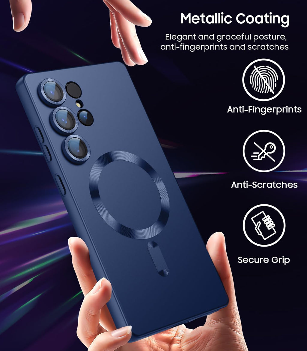 Magnetic for Samsung Galaxy S25 Ultra Case [Compatible with MagSafe][Built-in Camera Lens Protector] Slim Soft Silicone Bumper Shockproof Metallic Luster Phone Shell (Blue)