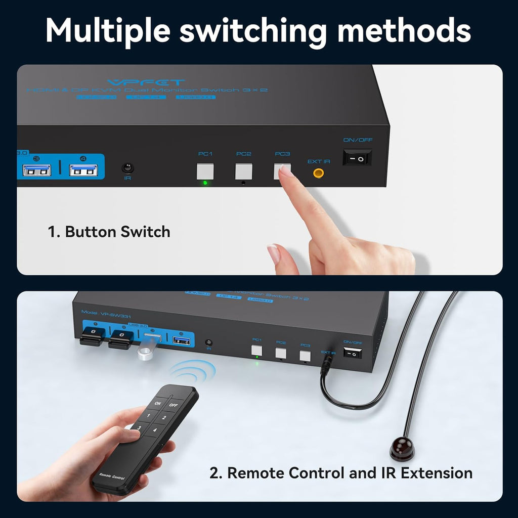 HDMI2.0+ Displayport1.4 KVM Switch 2 Monitors 3 Computers USB 3.0 KVM 8K & 4K Swicthes for 3 Computer Share Dual Monitor and 1 Set of Keyboard Mouse Printer and U Disk. Two USB Cables Included.