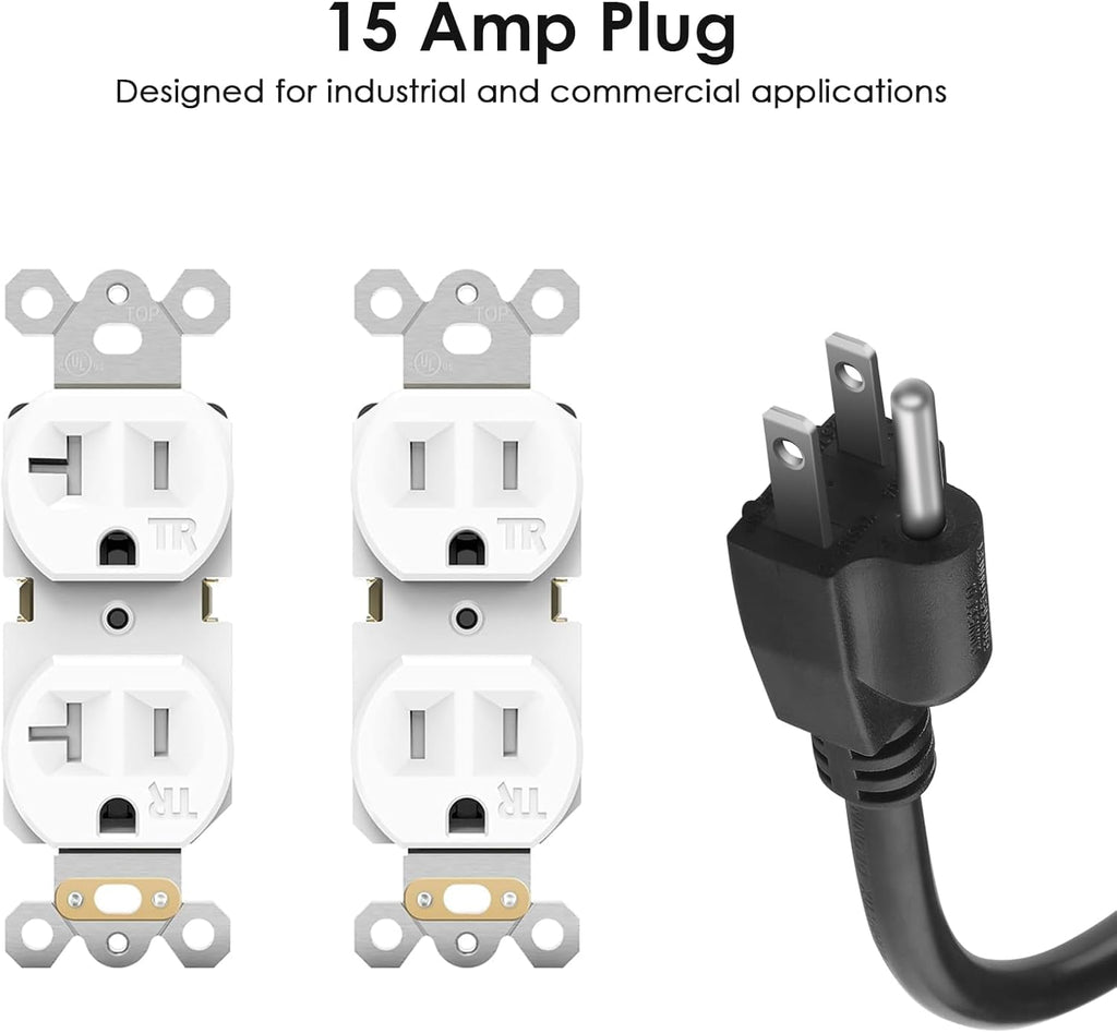 JUNNUJ 20 Amp Power Strip Heavy Duty 2 Pack, 4800J Surge Protector Metal Power Bar Multi Angle Mount, 20A Garage 8 Outlet Shop 6-20R T-Slot, 5-15P Adapter 12 Gauge Extension Cord 15 ft for Appliance