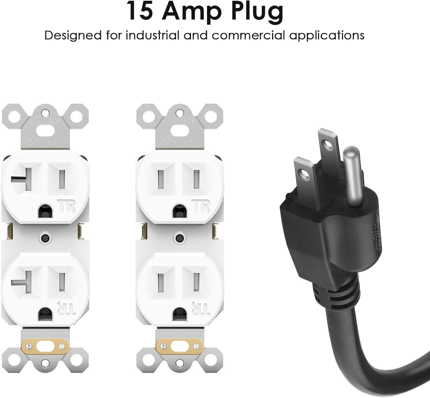 JUNNUJ 20 Amp Power Strip Heavy Duty 2 Pack, 4800J Surge Protector Metal Power Bar Multi Angle Mount, 20A Garage 8 Outlet Shop 6-20R T-Slot, 5-15P Adapter 12 Gauge Extension Cord 15 ft for Appliance