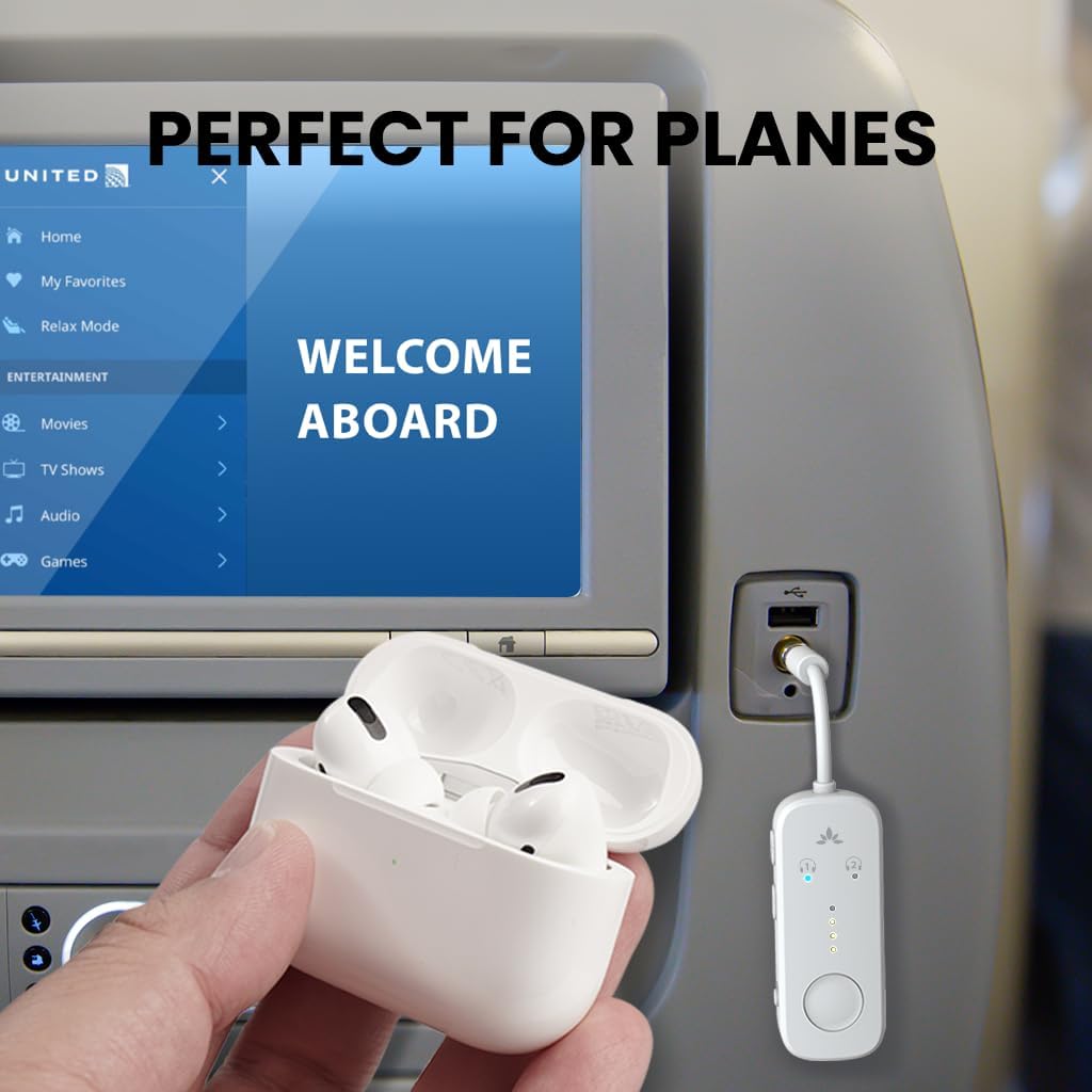 Avantree Relay - Premium Airplane Bluetooth Adapter with Advanced Qualcomm Chipset, 2 Headphones Support, 25hrs Play Time, aptX Adaptive & HD Audio Transmitter for Airpods, Bose & Travel Flight
