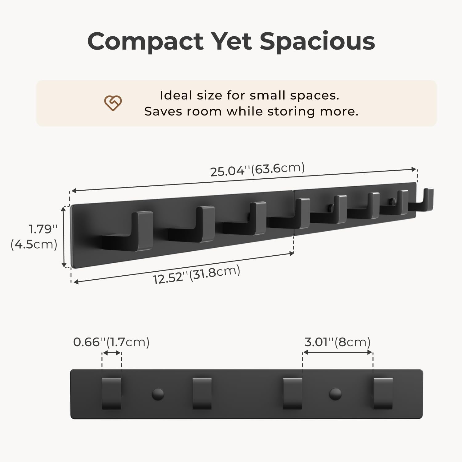 Black Wall Mounted Coat Rack- 2 Modular Rails (25'' Total), 8 Right-Angle Hooks, Modern Organizer for Entryway, Bathroom, Bedroom, Holds Coats, Towels, Hats