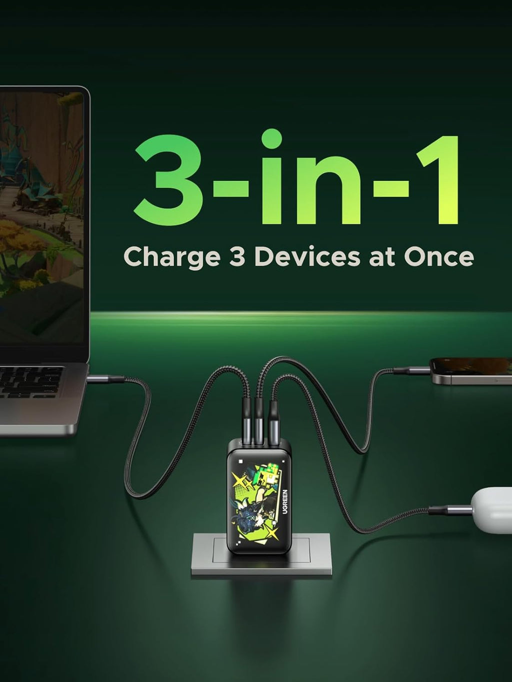 UGREEN 65W USB C Charger Block, Nexode 3-Port GaN Fast Type C Charger, Compact Foldable Power Adapter for MacBook Pro/Air, Dell XPS, iPhone 16/15, iPad Pro, Galaxy S25, (Genshin Impact Edition)