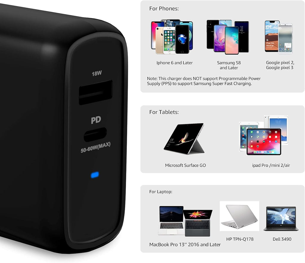 Amazon Basics 68W Two-Port GaN Wall Charger with 1 USB-C (60W) & 1 USB-A Ports (18W) with PD for Laptops, Tablets & Phones (iPhone 16/15/14/13/12/11/X, iPad, MacPro, Samsung, and more), Non-PPS, Black