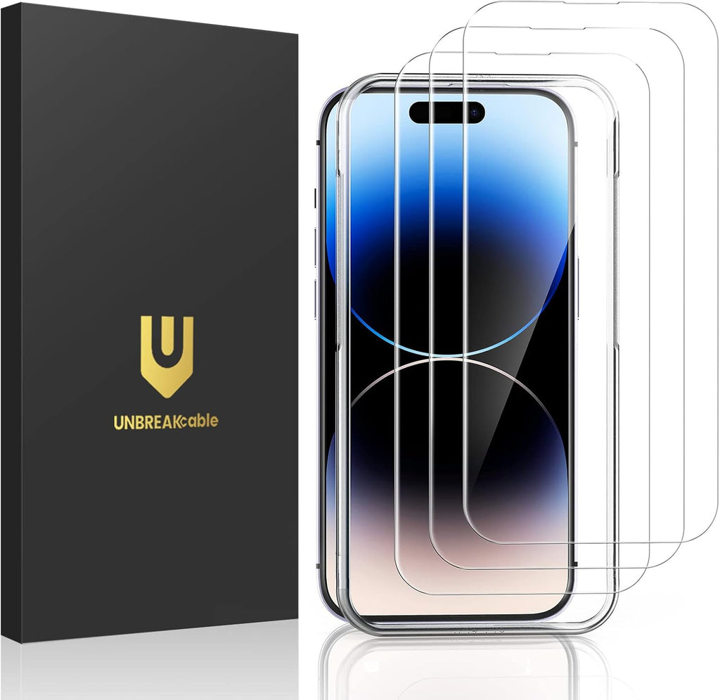UNBREAKcable 3-Pack Screen Protector for iPhone 14 Pro, Double Shatterproof Tempered Glass [Easy Installation Frame] [9H Hardness] [99.99% HD Clear] [Case Friendly] for iPhone 14 Pro 6.1 inch