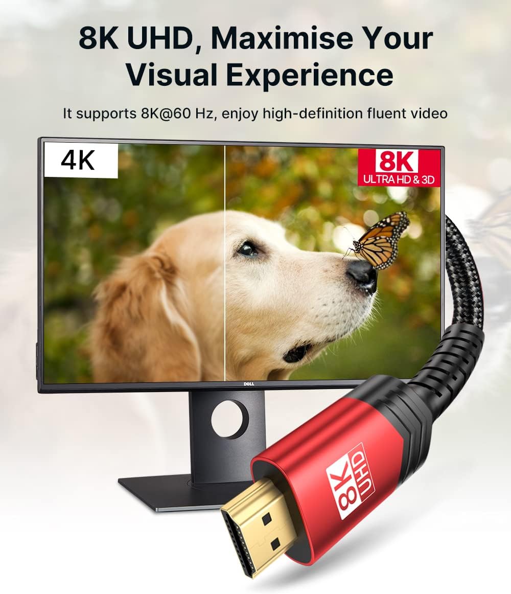 JSAUX 8K HDMI Cable 2.1 2 Pack 6ft, 48Gbps Ultra High Speed HDMI Cable Braided Cord (4K@144Hz, 4K@120Hz, 8K@60Hz) HDCP 2.2&2.3 HDR 10 eARC ARC, Compatible with Switch 2/PS5/Laptop/Monitor/HDTV/-Red
