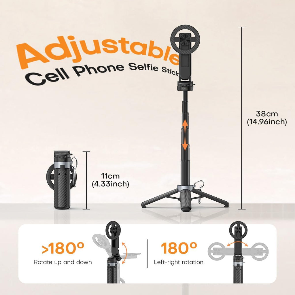 Mini Magnetic Selfie Stick,360° Rotation Carbon Fiber Cell Phone Tripod for MagSafe,Portable Magnet Selfie Stick with Remote Control,Extendable Small Travel Tripod Phone Stand for MagSafe Smartphones