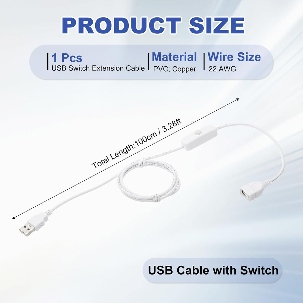 MECCANIXITY USB Extension Cable with ON/Off Button Switch 1m USB Male to Female Extension Cord for Desk Lamp Fan LED Light Strip White Pack of 1