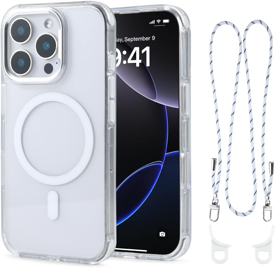 for iPhone 16 Pro Max Case with 62.99 inch Lanyard, Classic Clear&White Magnetic Phone Case, Drop&Shockproof Protection Cases, Phone Holder Lanyard, Compatible with Magnet Accessory
