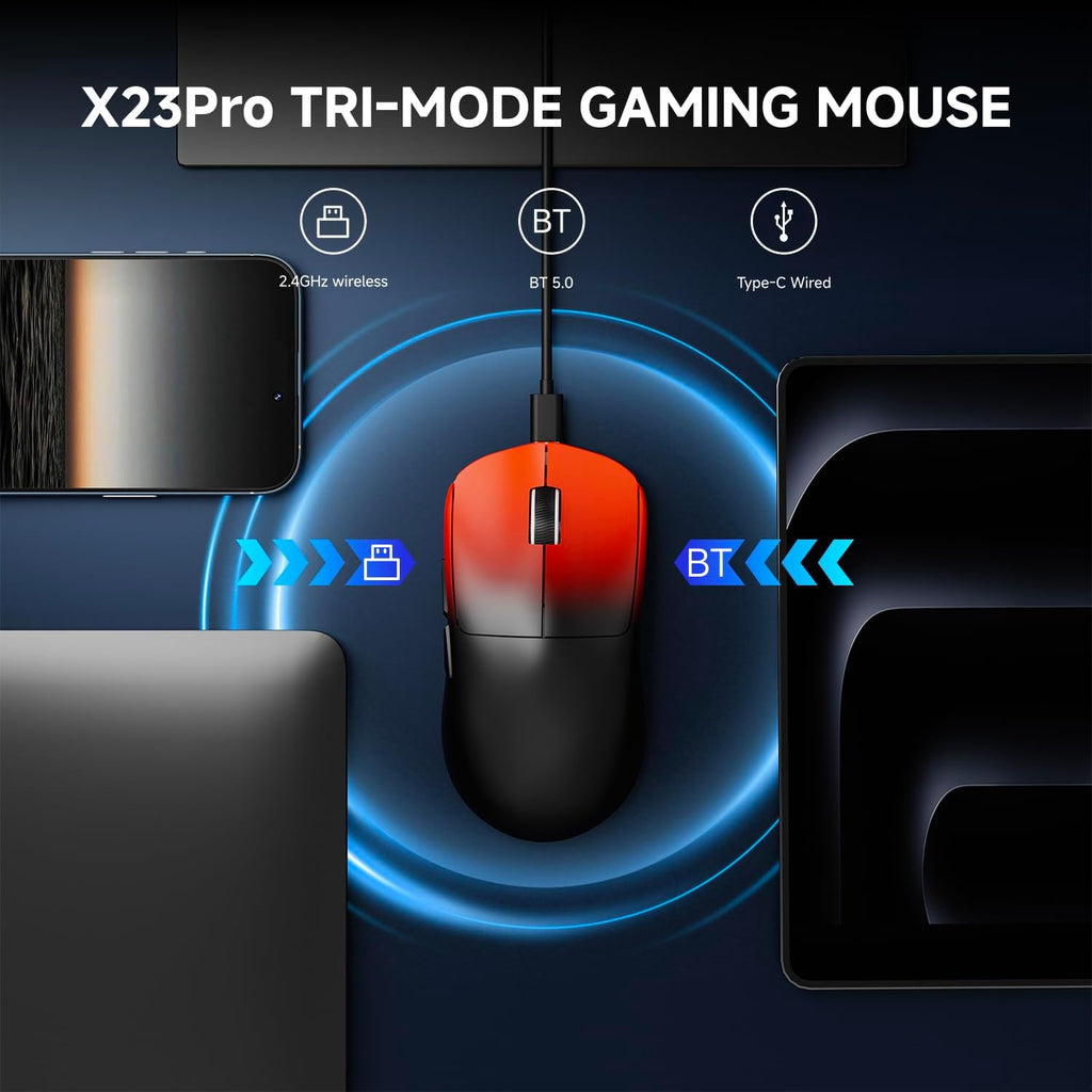 EWEADN X23Pro Wireless Gaming Mouse, 2.4G/BT5.0/USB-C Esports Gaming Mouse, 49g Lightweight Mouse Gaming, 12000 DPI Wireless Mouse with 6 Programmable Buttons, for Laptop/PC/Mac, Black-red