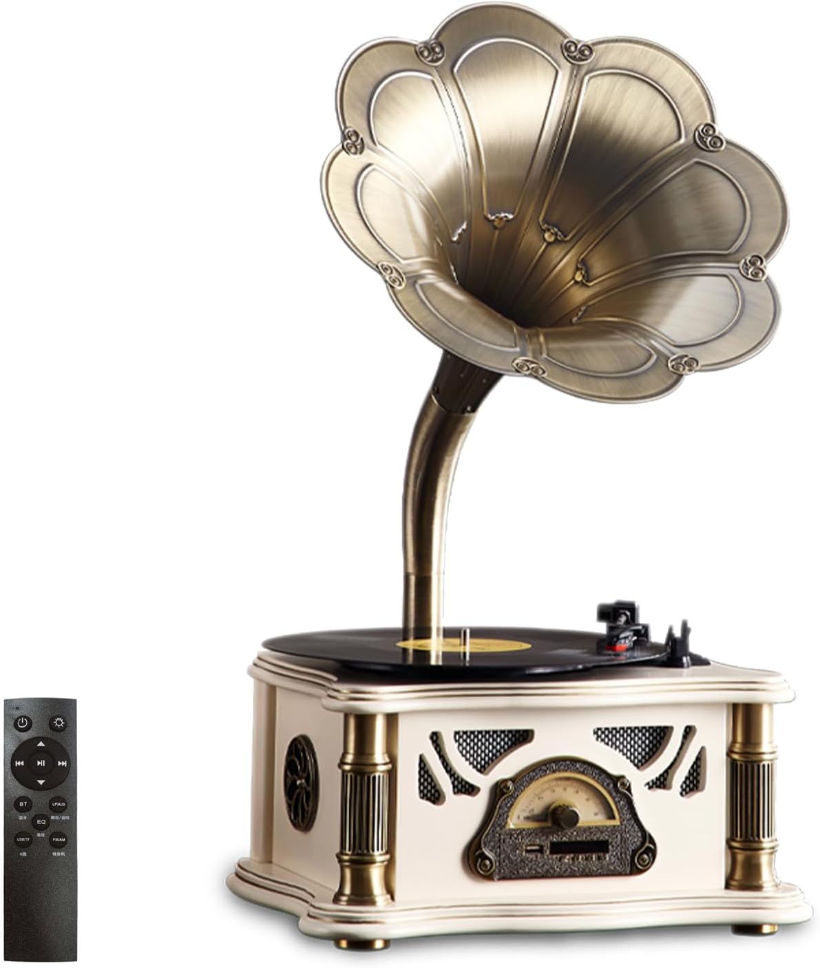 Vintage Gramophone with Bluetooth Output Vintage Record Players Retro Gramophone Turntables for 7" 9" 12" Vinyl Records 3 Speed, Hi-Fi, Handcrafted by Pure Oak(White Gold)