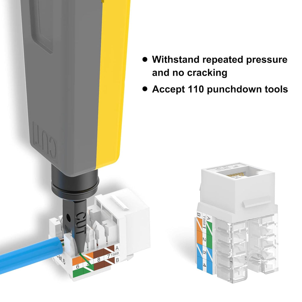VCE Cat6 RJ45 Keystone Jacks UL Listed 50-Pack, Punch Down Ethernet Wall Jack 90-Degree Adapter in White with 1-Pack Wire Stripper Cutter